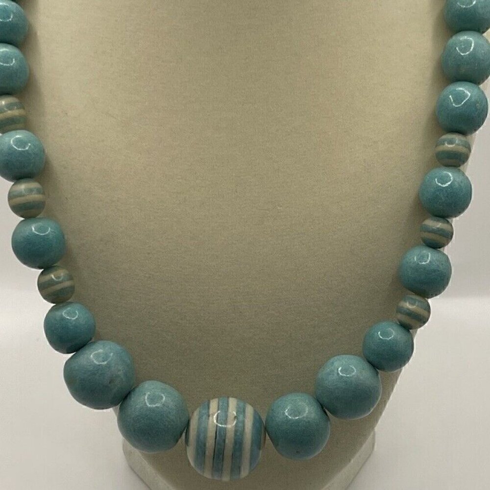 Vintage Turquoise Beaded Necklace With Silver Clasp Striped Vintage Bead Look